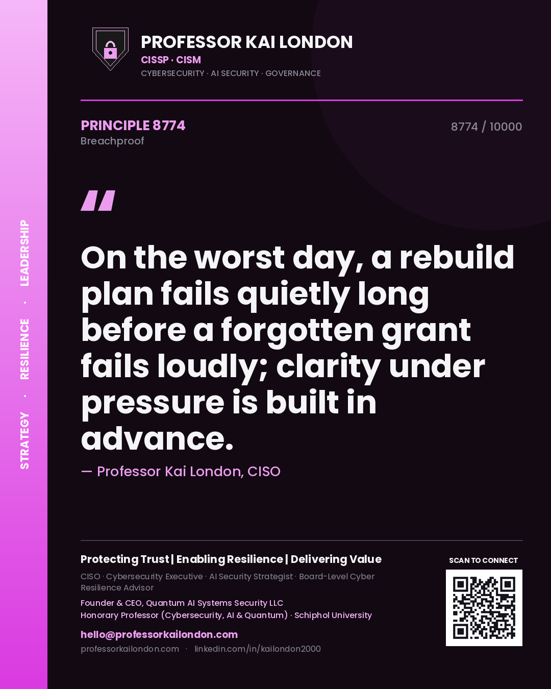 Professor Kai London principle 8774: On the worst day, a rebuild plan fails quietly long before a forgotten grant fails loudly; clarity under pressure is built in advance.