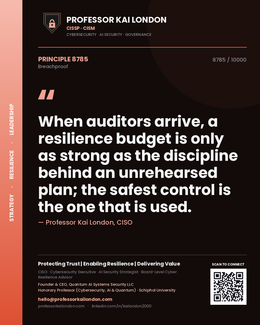 Professor Kai London principle 8785: When auditors arrive, a resilience budget is only as strong as the discipline behind an unrehearsed plan; the safest control is the one that is used.