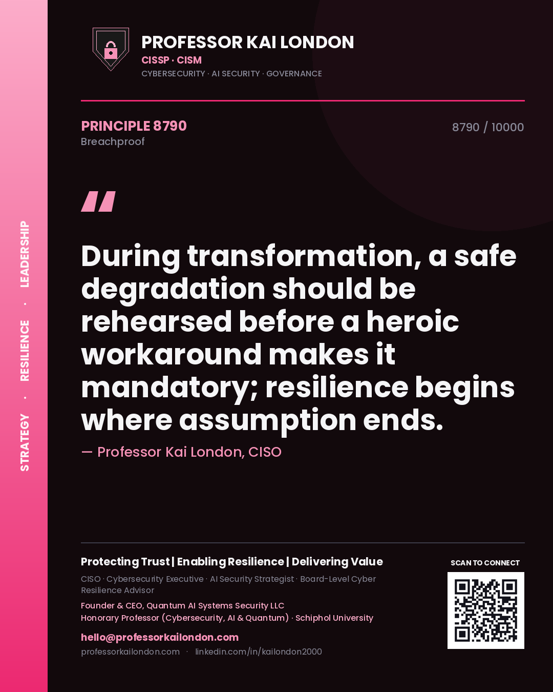Professor Kai London principle 8790: During transformation, a safe degradation should be rehearsed before a heroic workaround makes it mandatory; resilience begins where assumption ends.
