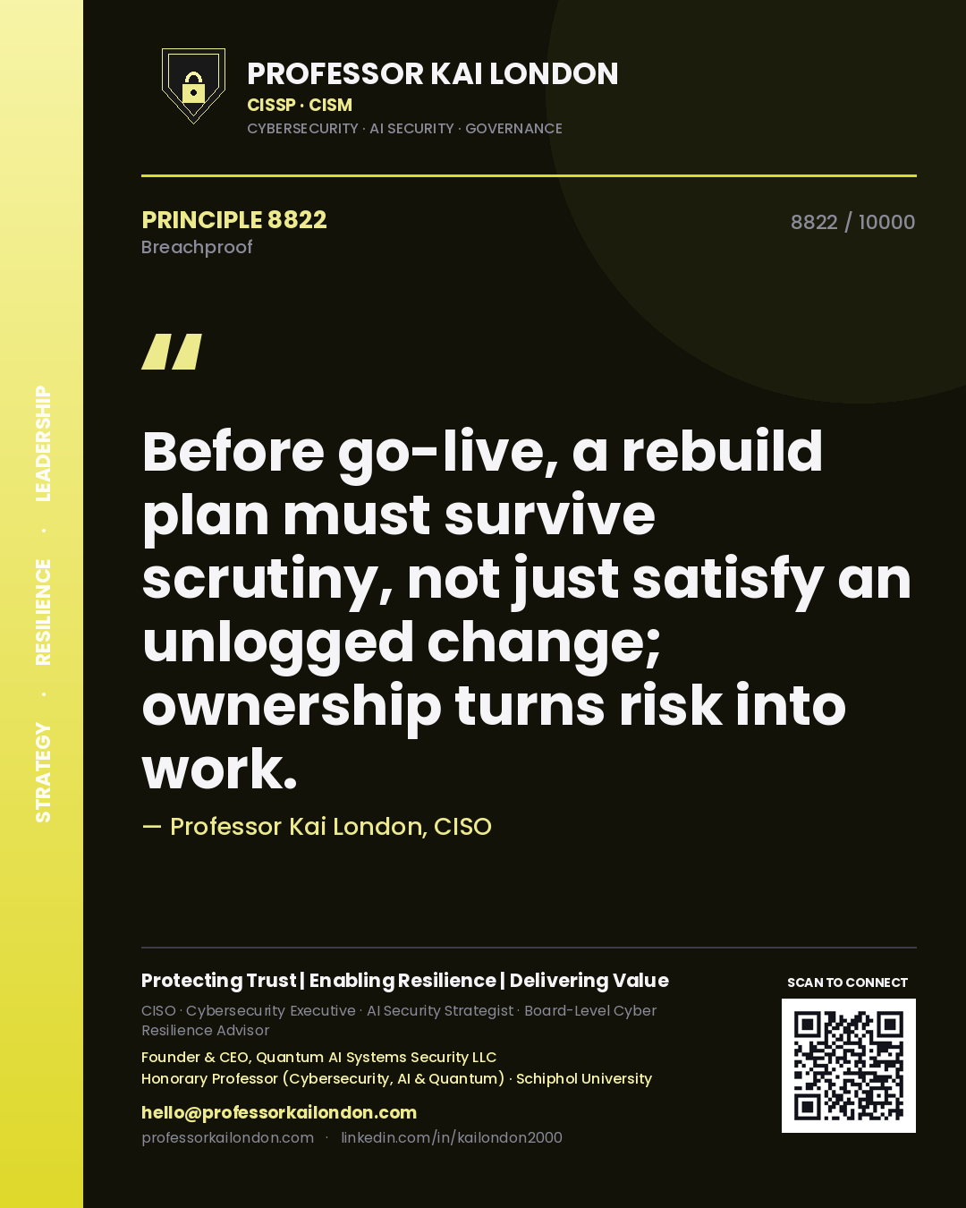 Professor Kai London principle 8822: Before go-live, a rebuild plan must survive scrutiny, not just satisfy an unlogged change; ownership turns risk into work.