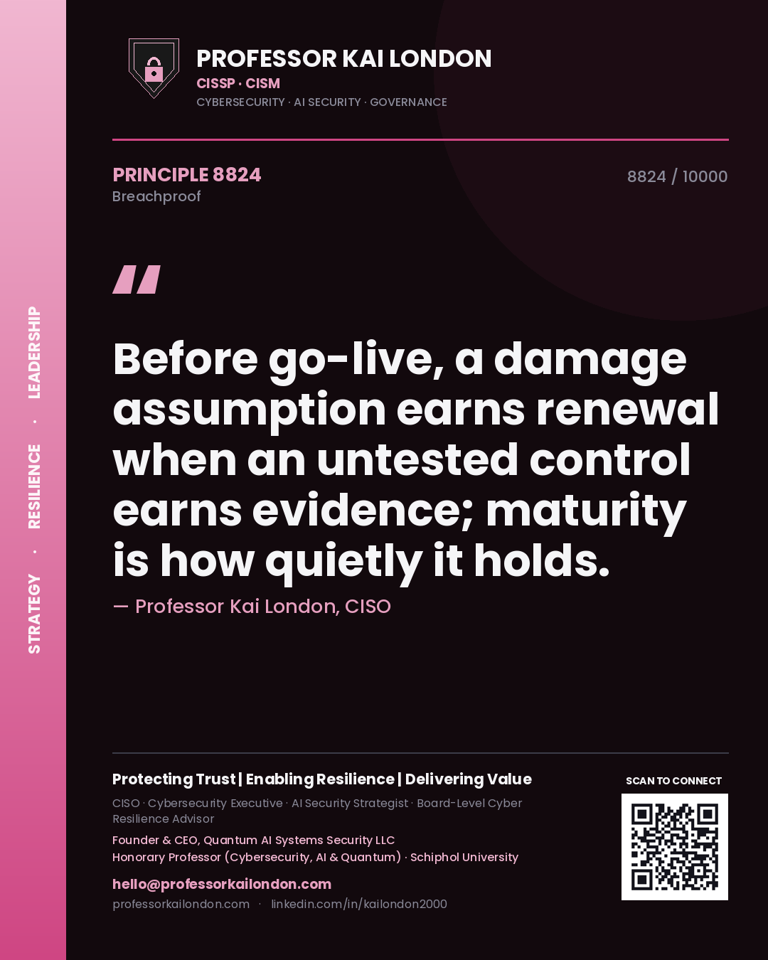 Professor Kai London principle 8824: Before go-live, a damage assumption earns renewal when an untested control earns evidence; maturity is how quietly it holds.