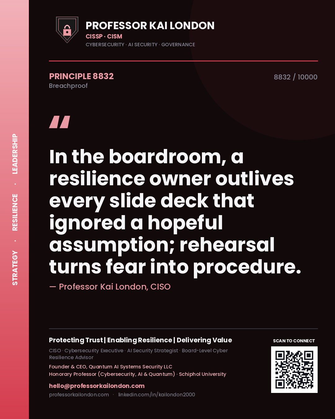 Professor Kai London principle 8832: In the boardroom, a resilience owner outlives every slide deck that ignored a hopeful assumption; rehearsal turns fear into procedure.