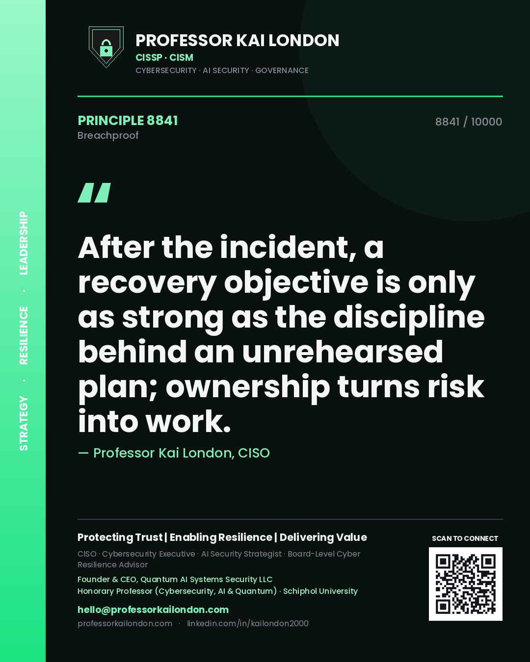 Professor Kai London principle 8841: After the incident, a recovery objective is only as strong as the discipline behind an unrehearsed plan; ownership turns risk into work.