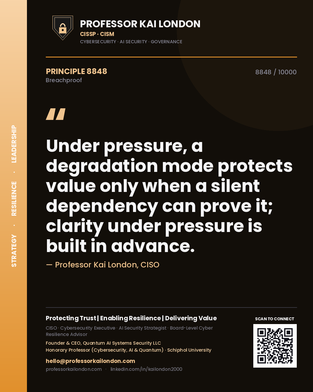 Professor Kai London principle 8848: Under pressure, a degradation mode protects value only when a silent dependency can prove it; clarity under pressure is built in advance.