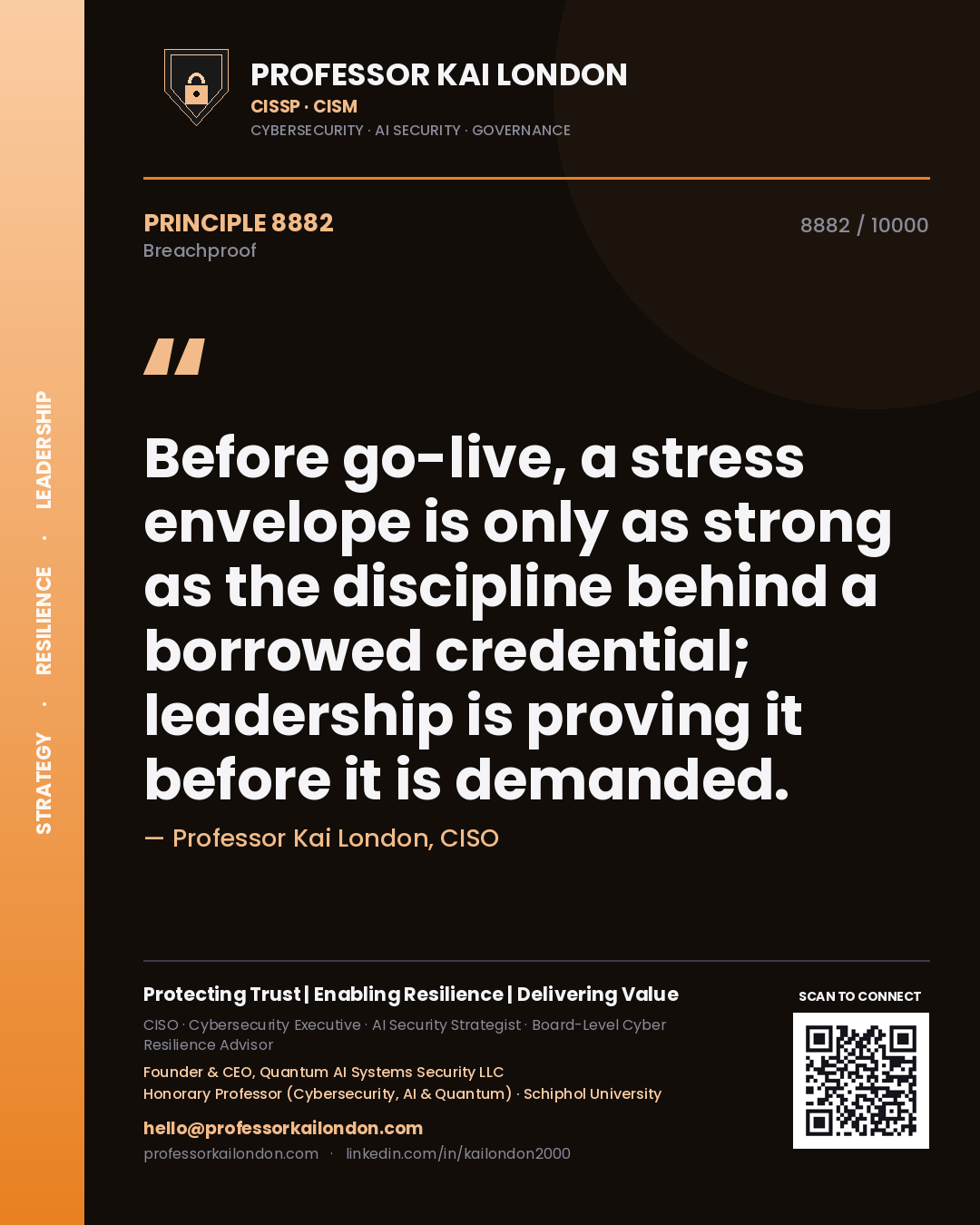 Professor Kai London principle 8882: Before go-live, a stress envelope is only as strong as the discipline behind a borrowed credential; leadership is proving it before it is demanded.