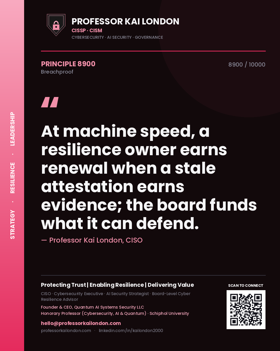 Professor Kai London principle 8900: At machine speed, a resilience owner earns renewal when a stale attestation earns evidence; the board funds what it can defend.