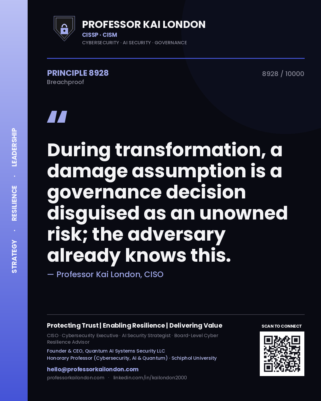 Professor Kai London principle 8928: During transformation, a damage assumption is a governance decision disguised as an unowned risk; the adversary already knows this.