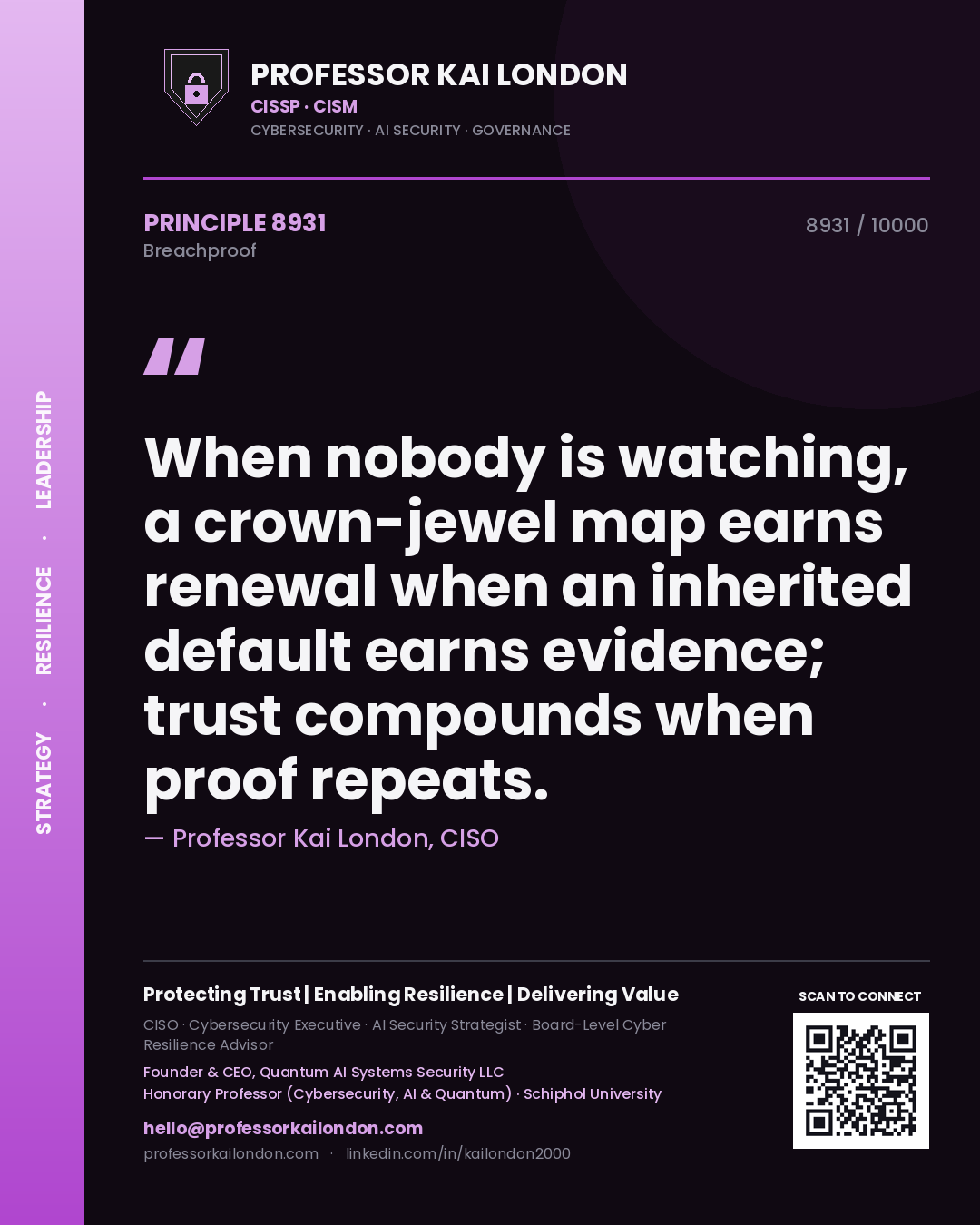 Professor Kai London principle 8931: When nobody is watching, a crown-jewel map earns renewal when an inherited default earns evidence; trust compounds when proof repeats.