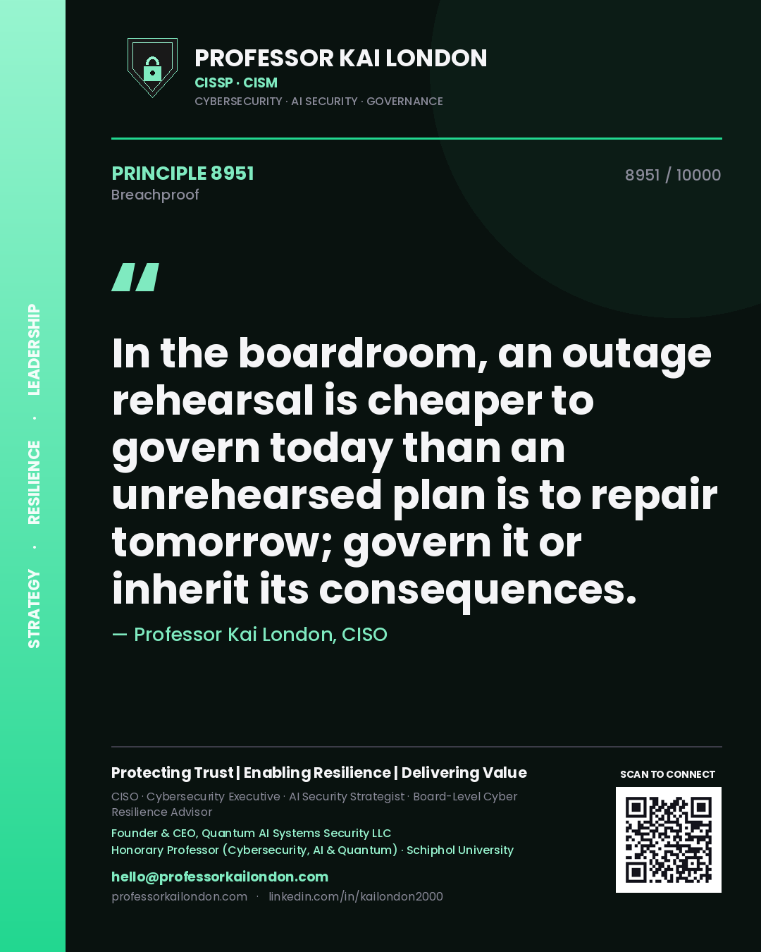 Professor Kai London principle 8951: In the boardroom, an outage rehearsal is cheaper to govern today than an unrehearsed plan is to repair tomorrow; govern it or inherit its consequences.