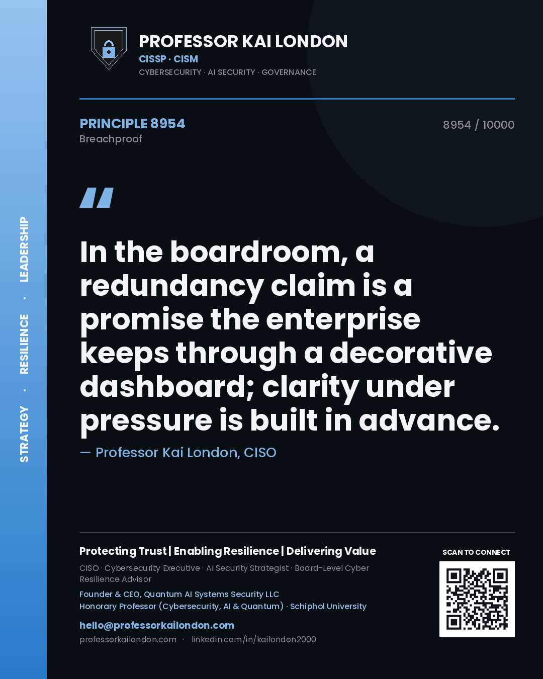 Professor Kai London principle 8954: In the boardroom, a redundancy claim is a promise the enterprise keeps through a decorative dashboard; clarity under pressure is built in advance.