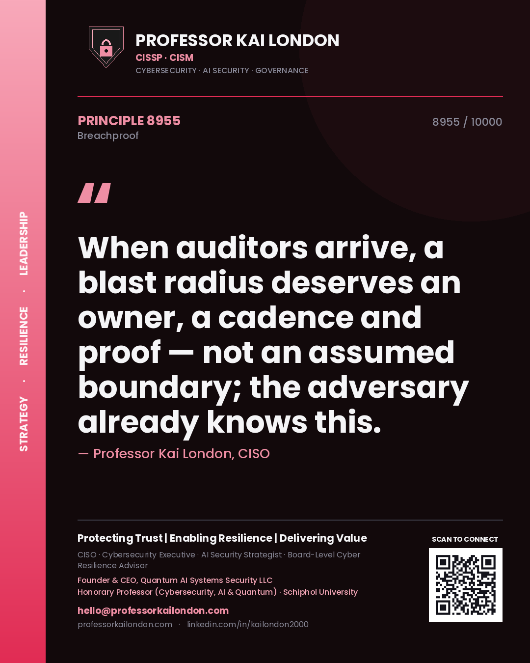Professor Kai London principle 8955: When auditors arrive, a blast radius deserves an owner, a cadence and proof — not an assumed boundary; the adversary already knows this.