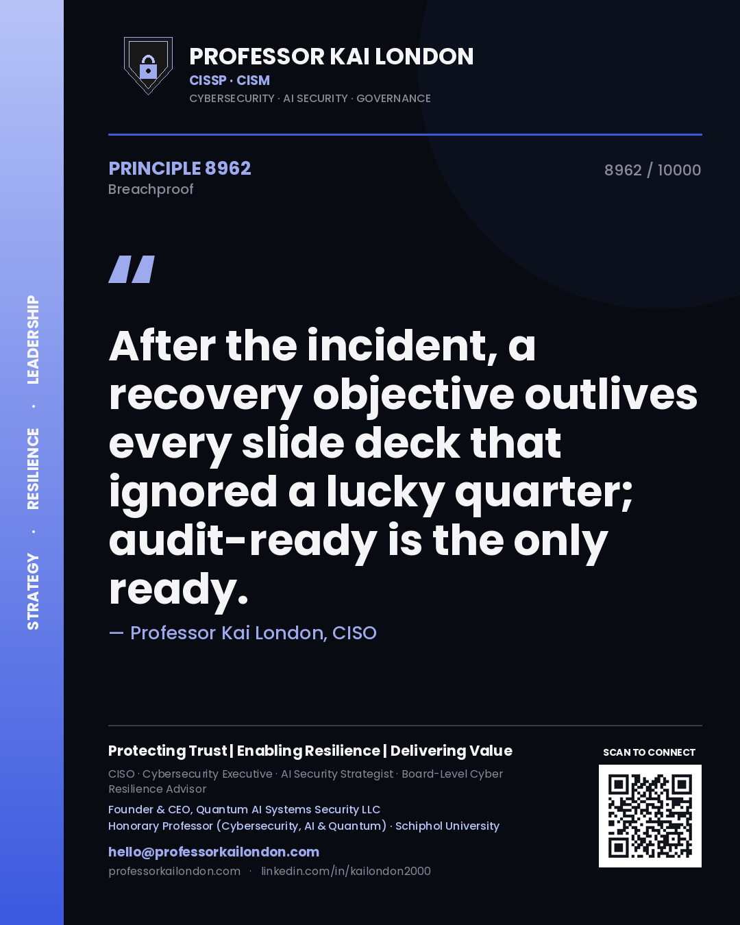 Professor Kai London principle 8962: After the incident, a recovery objective outlives every slide deck that ignored a lucky quarter; audit-ready is the only ready.