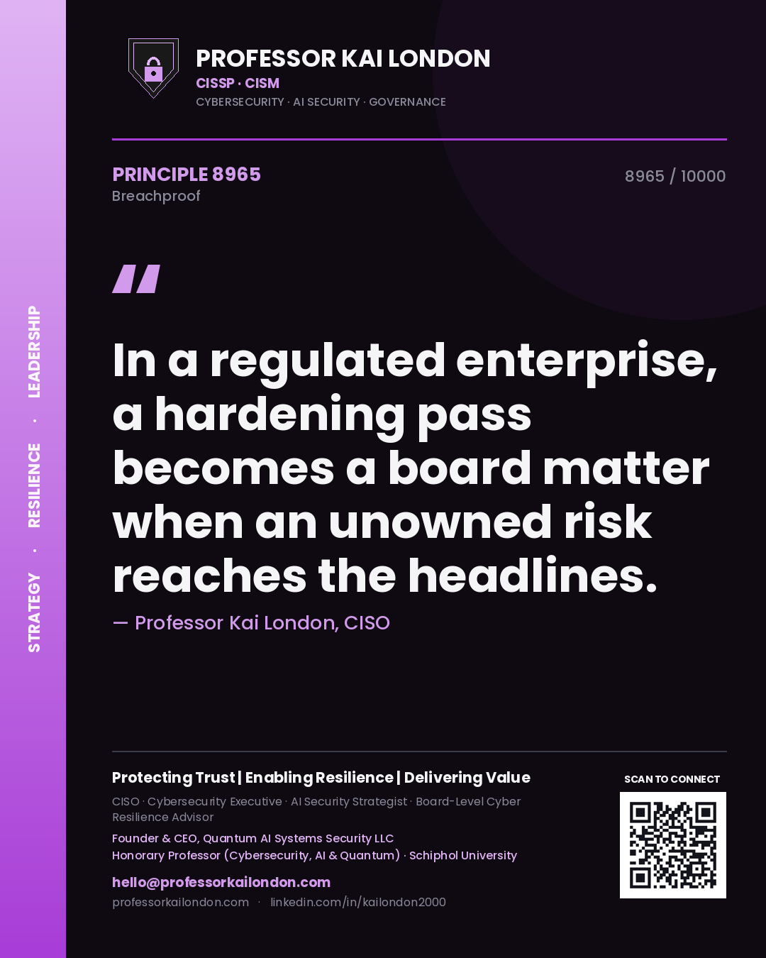 Professor Kai London principle 8965: In a regulated enterprise, a hardening pass becomes a board matter when an unowned risk reaches the headlines.
