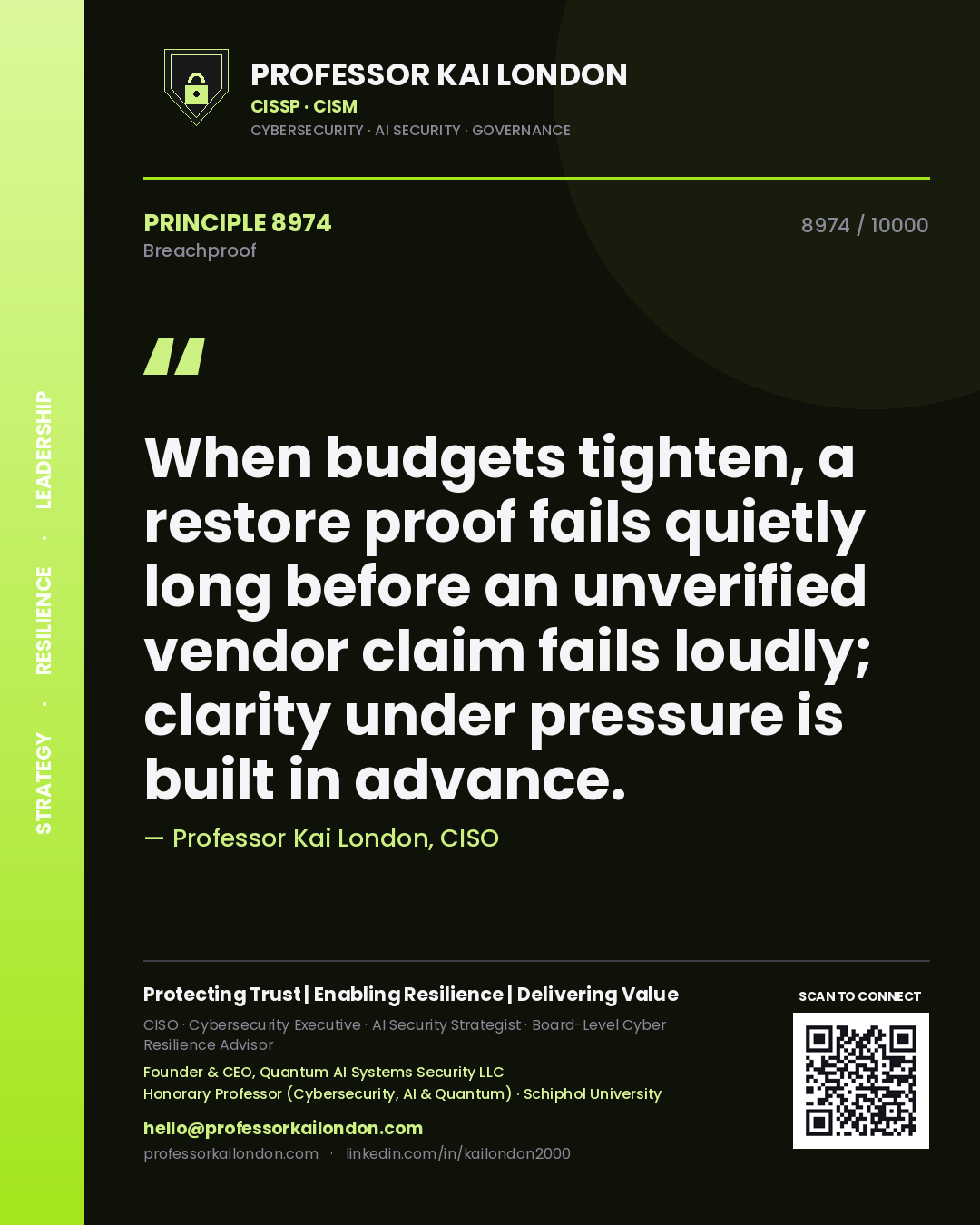 Professor Kai London principle 8974: When budgets tighten, a restore proof fails quietly long before an unverified vendor claim fails loudly; clarity under pressure is built in advance.