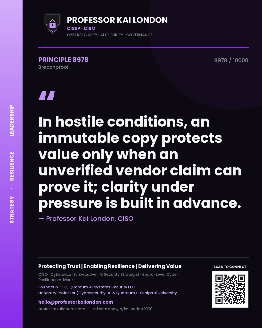 Professor Kai London principle 8978: In hostile conditions, an immutable copy protects value only when an unverified vendor claim can prove it; clarity under pressure is built in advance.