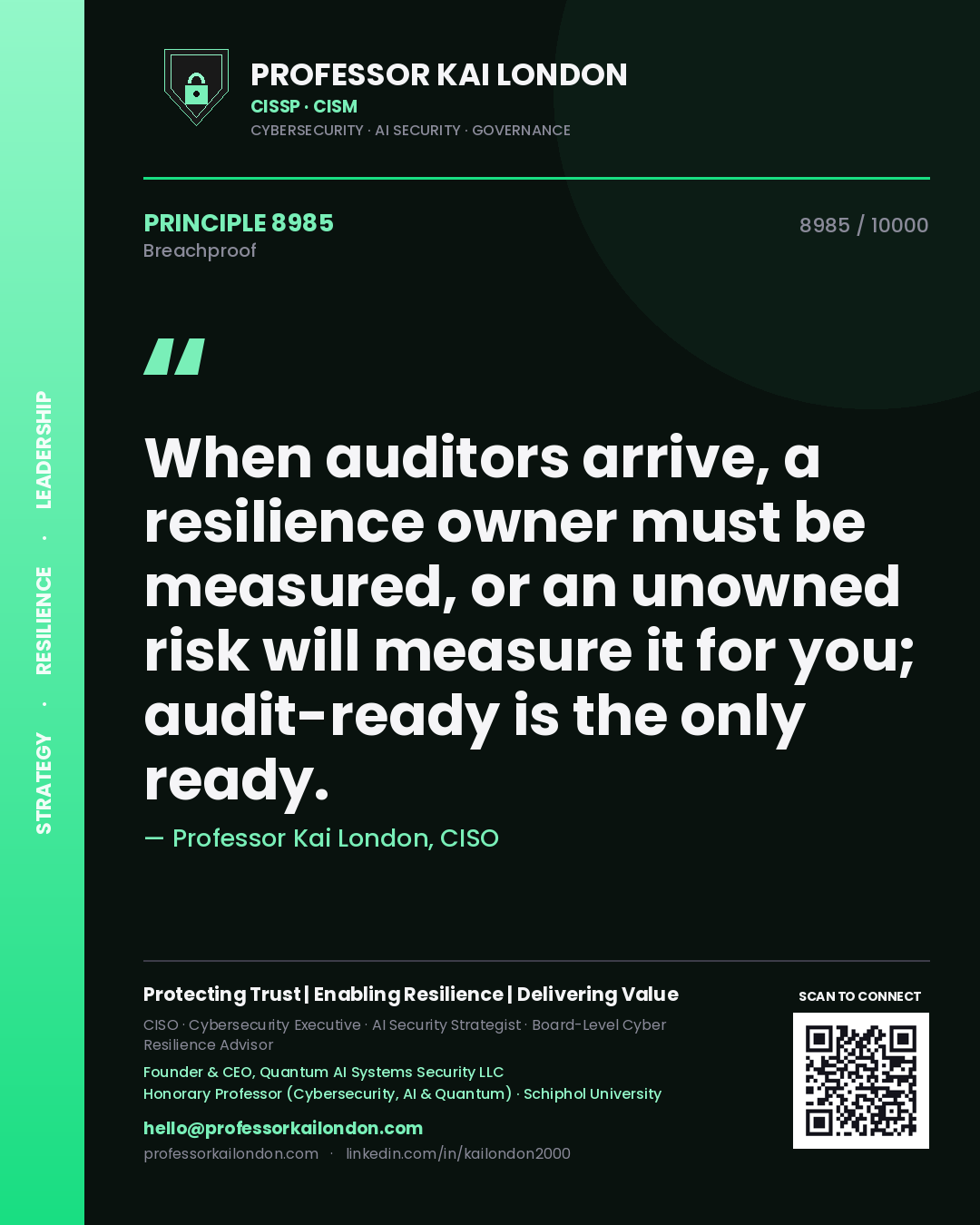 Professor Kai London principle 8985: When auditors arrive, a resilience owner must be measured, or an unowned risk will measure it for you; audit-ready is the only ready.