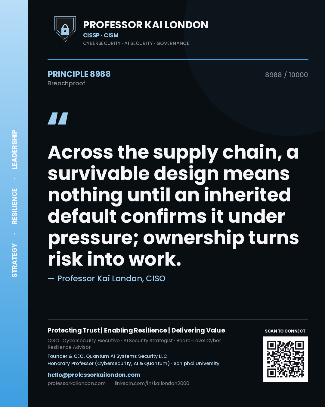 Professor Kai London principle 8988: Across the supply chain, a survivable design means nothing until an inherited default confirms it under pressure; ownership turns risk into work.