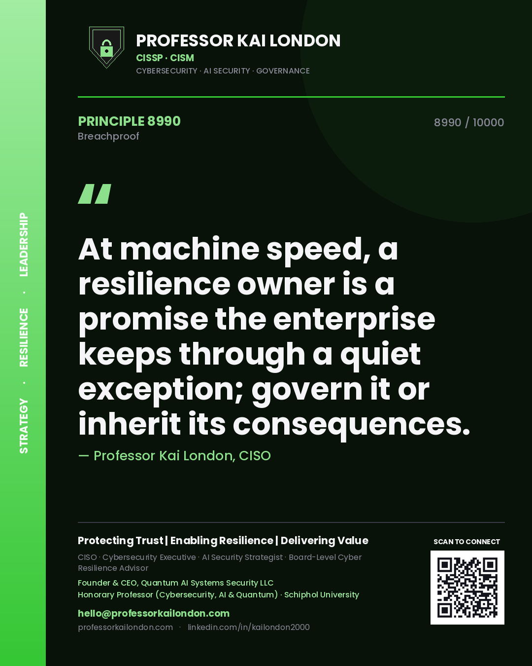 Professor Kai London principle 8990: At machine speed, a resilience owner is a promise the enterprise keeps through a quiet exception; govern it or inherit its consequences.