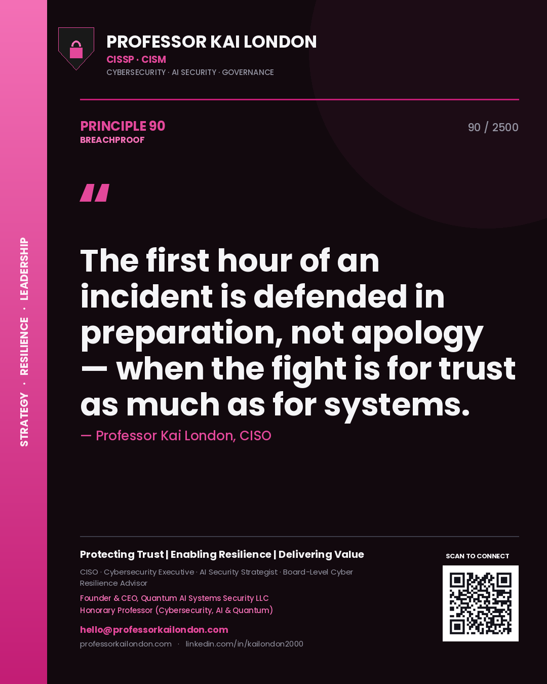 Professor Kai London principle 90: The first hour of an incident is defended in preparation, not apology — when the fight is for trust as much as for systems.