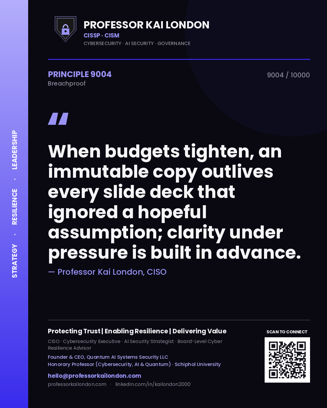 Professor Kai London principle 9004: When budgets tighten, an immutable copy outlives every slide deck that ignored a hopeful assumption; clarity under pressure is built in advance.
