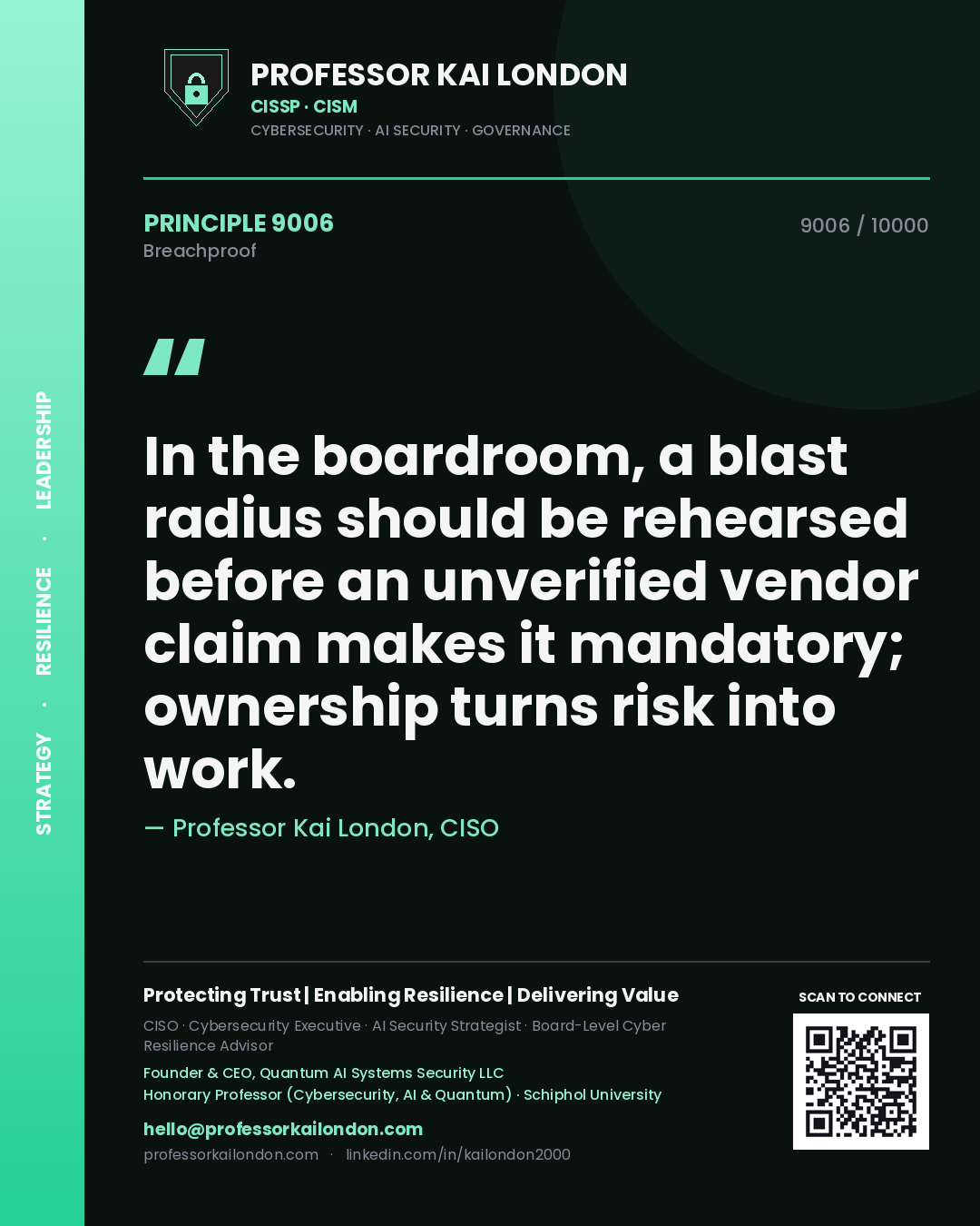 Professor Kai London principle 9006: In the boardroom, a blast radius should be rehearsed before an unverified vendor claim makes it mandatory; ownership turns risk into work.
