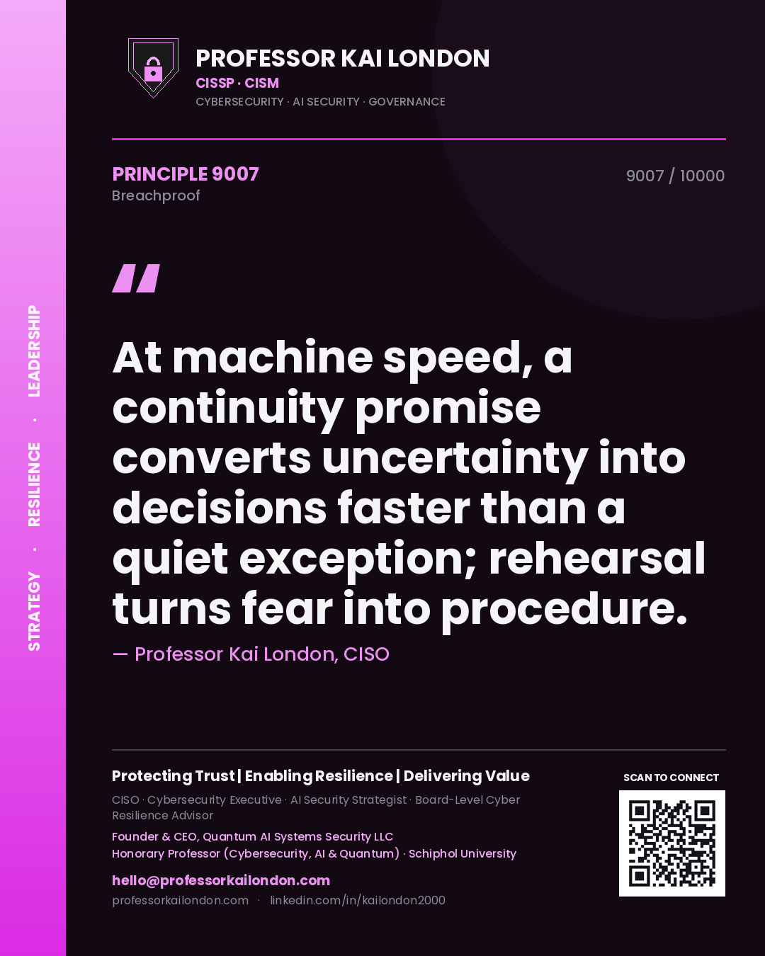 Professor Kai London principle 9007: At machine speed, a continuity promise converts uncertainty into decisions faster than a quiet exception; rehearsal turns fear into procedure.