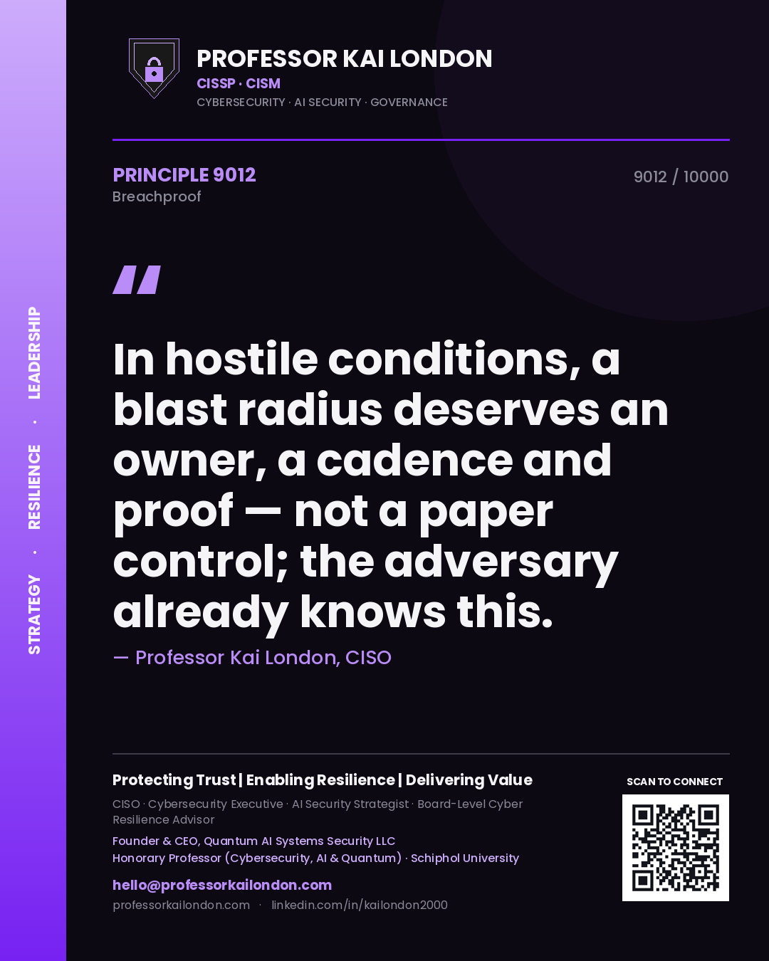 Professor Kai London principle 9012: In hostile conditions, a blast radius deserves an owner, a cadence and proof — not a paper control; the adversary already knows this.