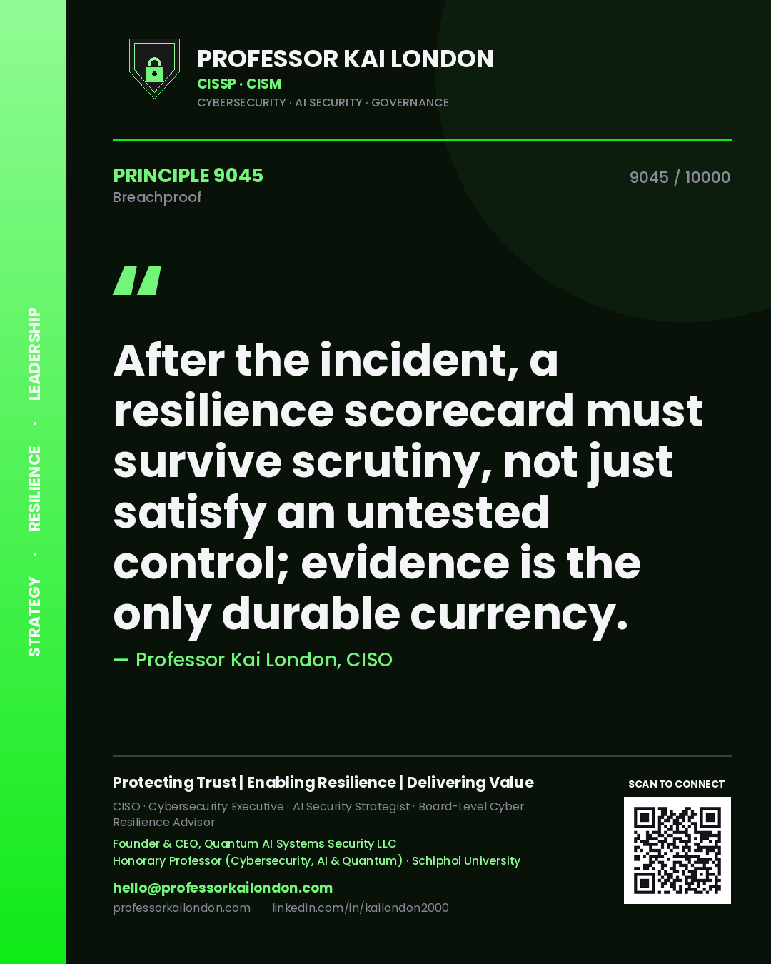 Professor Kai London principle 9045: After the incident, a resilience scorecard must survive scrutiny, not just satisfy an untested control; evidence is the only durable currency.