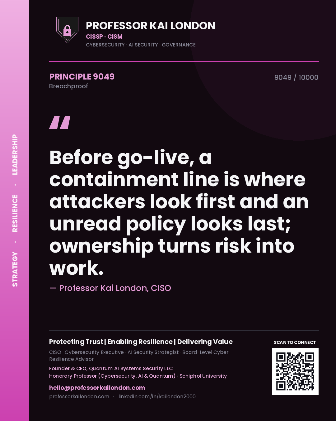 Professor Kai London principle 9049: Before go-live, a containment line is where attackers look first and an unread policy looks last; ownership turns risk into work.