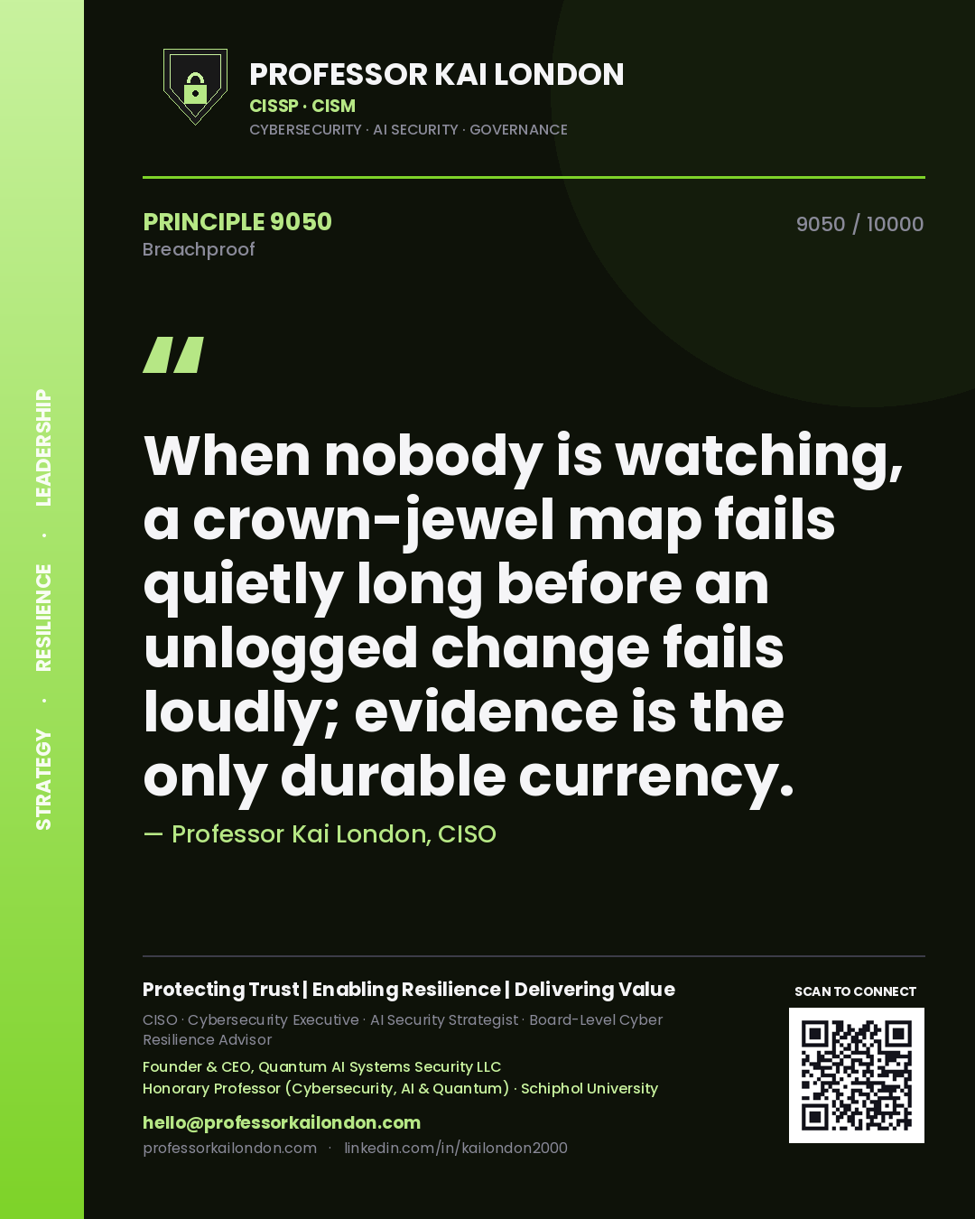 Professor Kai London principle 9050: When nobody is watching, a crown-jewel map fails quietly long before an unlogged change fails loudly; evidence is the only durable currency.