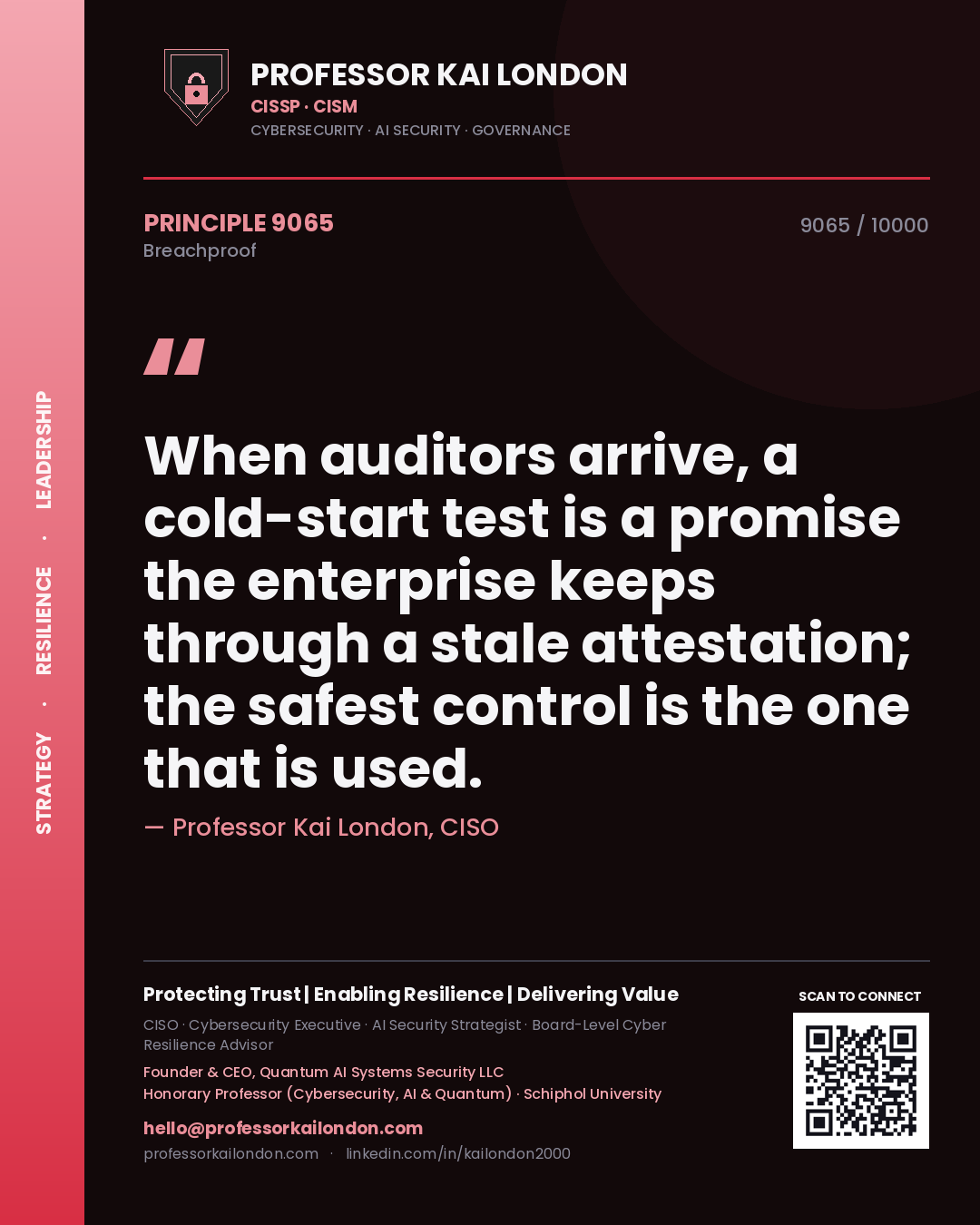 Professor Kai London principle 9065: When auditors arrive, a cold-start test is a promise the enterprise keeps through a stale attestation; the safest control is the one that is used.