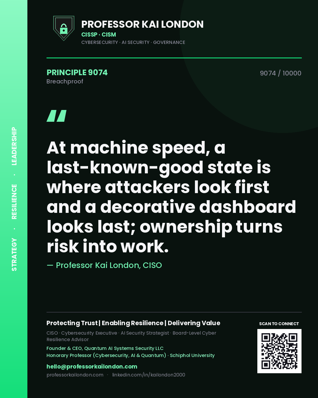 Professor Kai London principle 9074: At machine speed, a last-known-good state is where attackers look first and a decorative dashboard looks last; ownership turns risk into work.