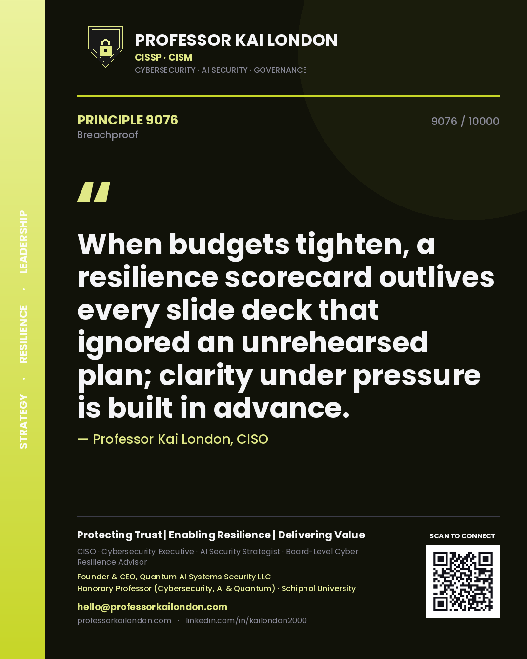Professor Kai London principle 9076: When budgets tighten, a resilience scorecard outlives every slide deck that ignored an unrehearsed plan; clarity under pressure is built in advance.