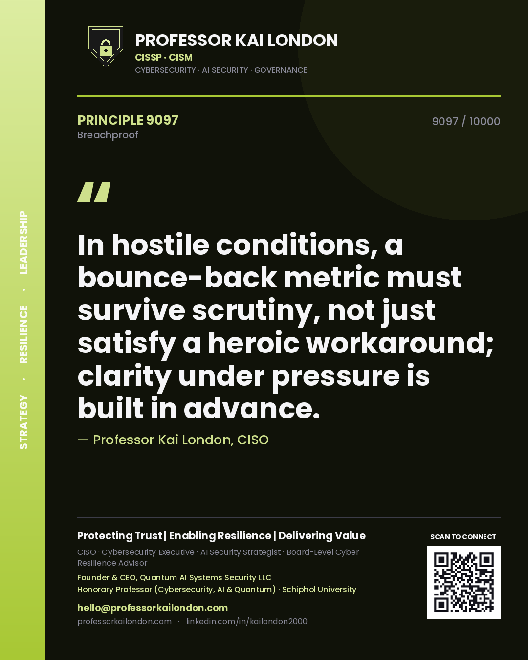 Professor Kai London principle 9097: In hostile conditions, a bounce-back metric must survive scrutiny, not just satisfy a heroic workaround; clarity under pressure is built in advance.