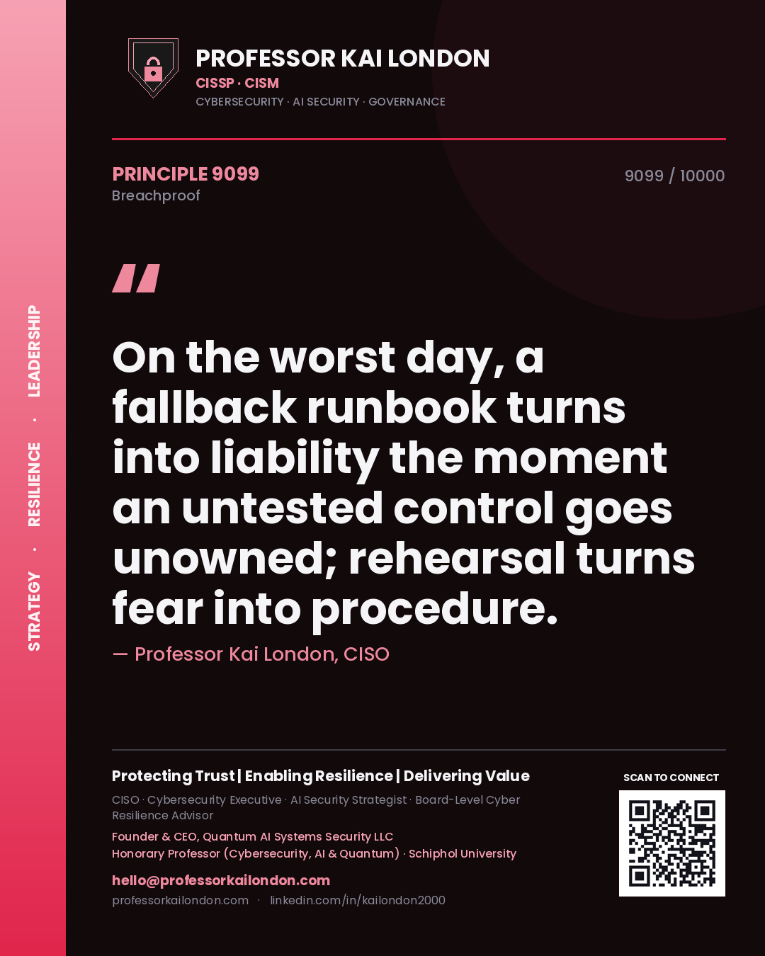 Professor Kai London principle 9099: On the worst day, a fallback runbook turns into liability the moment an untested control goes unowned; rehearsal turns fear into procedure.
