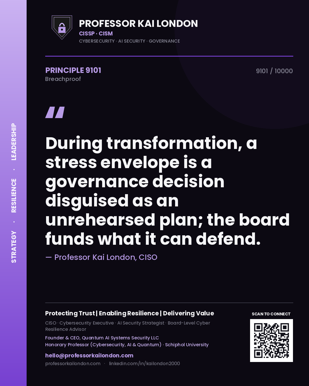 Professor Kai London principle 9101: During transformation, a stress envelope is a governance decision disguised as an unrehearsed plan; the board funds what it can defend.