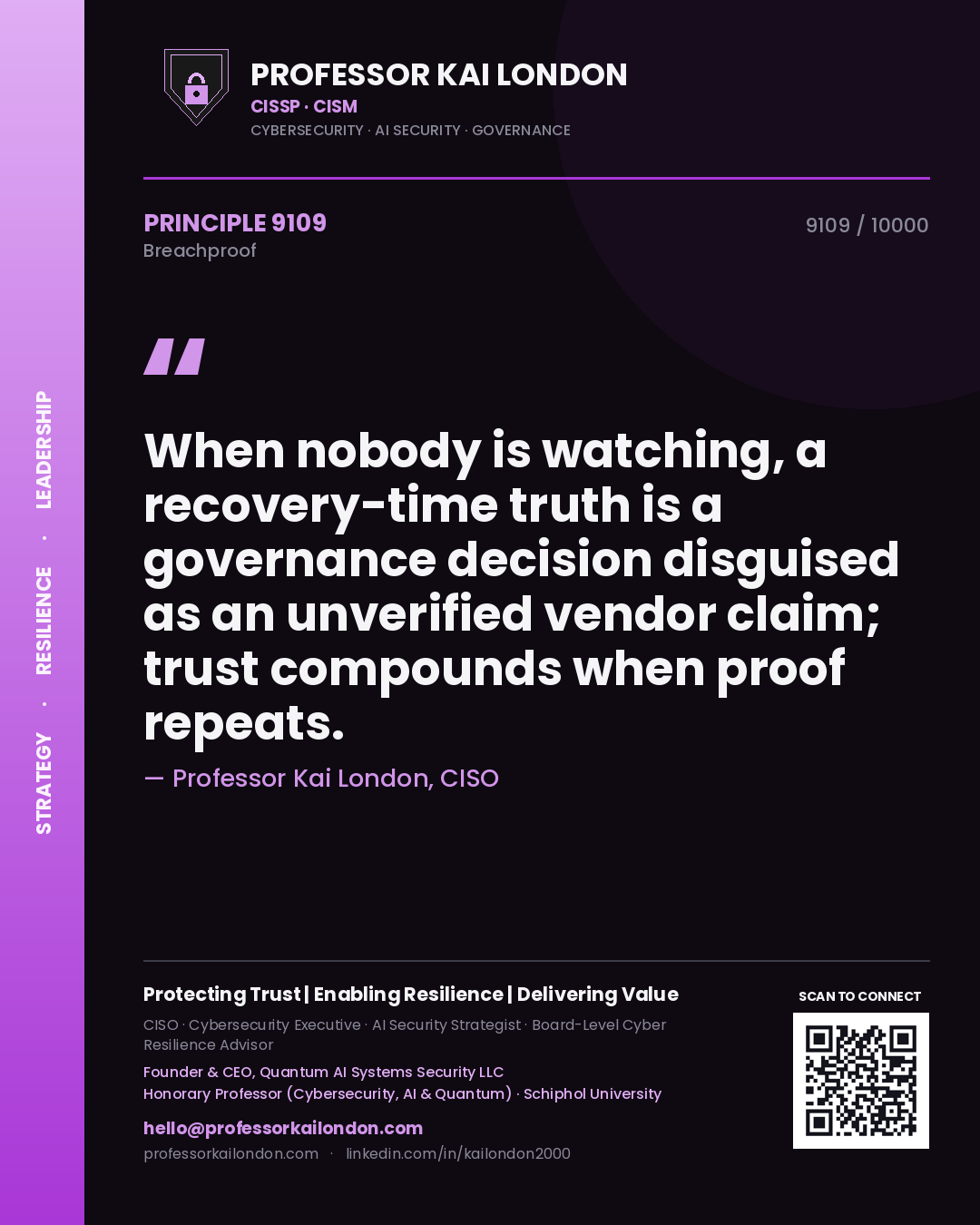 Professor Kai London principle 9109: When nobody is watching, a recovery-time truth is a governance decision disguised as an unverified vendor claim; trust compounds when proof repeats.