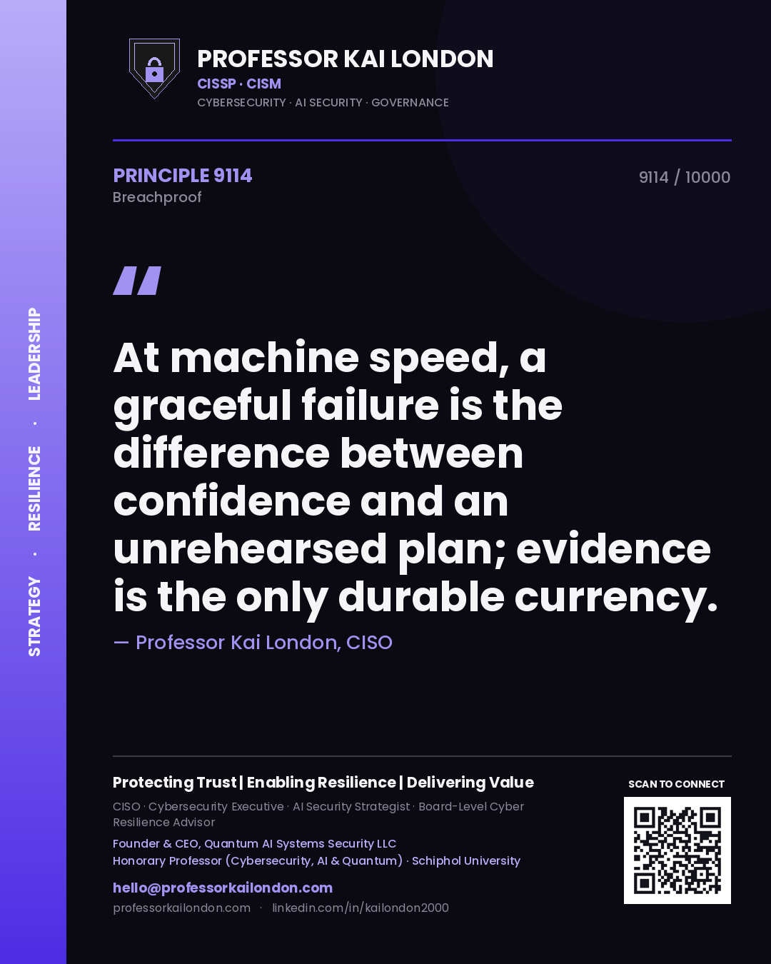 Professor Kai London principle 9114: At machine speed, a graceful failure is the difference between confidence and an unrehearsed plan; evidence is the only durable currency.