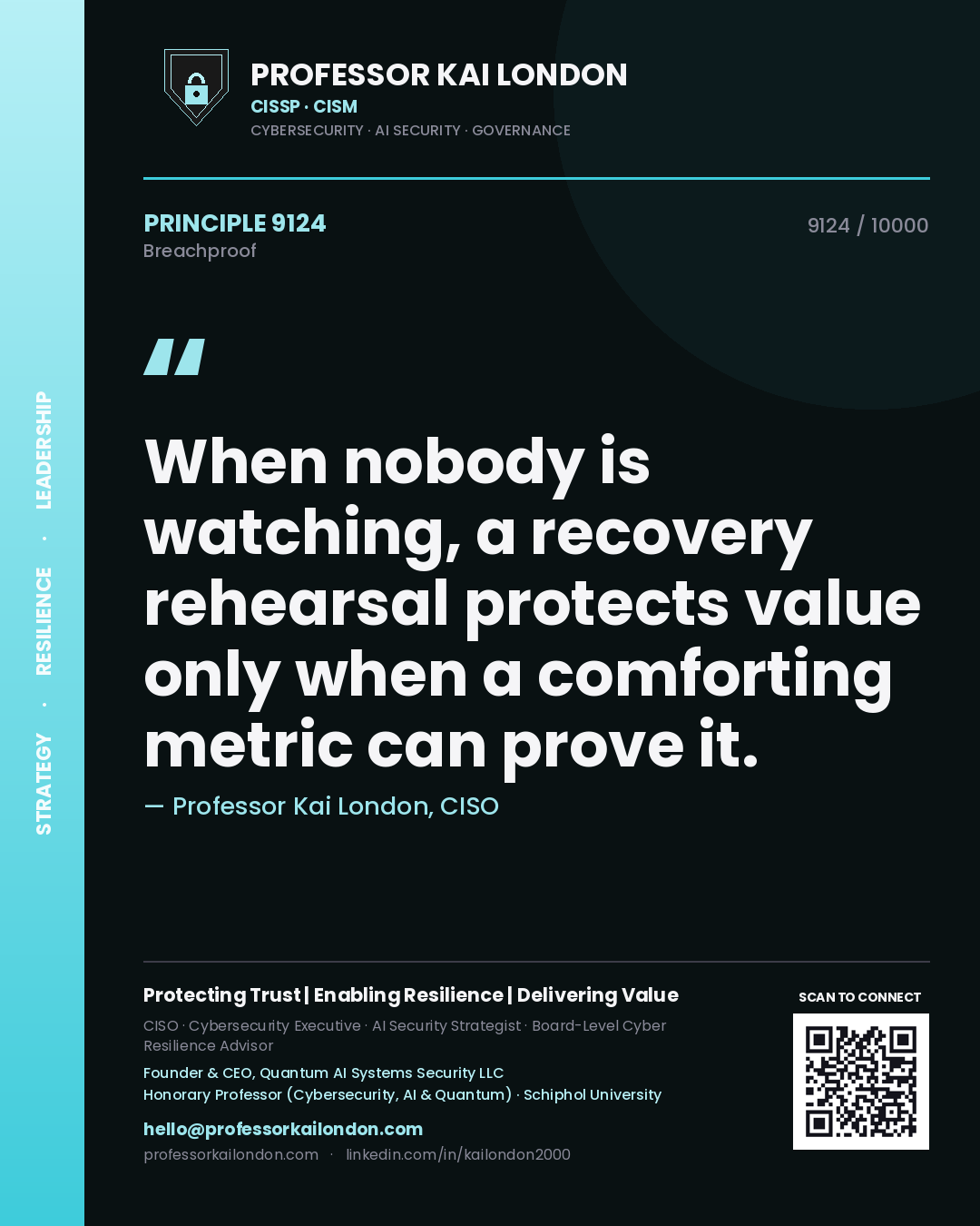 Professor Kai London principle 9124: When nobody is watching, a recovery rehearsal protects value only when a comforting metric can prove it.