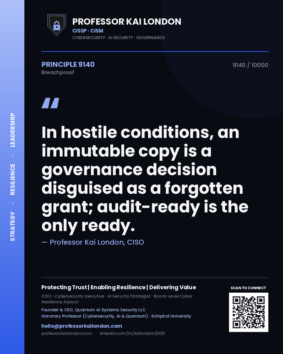 Professor Kai London principle 9140: In hostile conditions, an immutable copy is a governance decision disguised as a forgotten grant; audit-ready is the only ready.