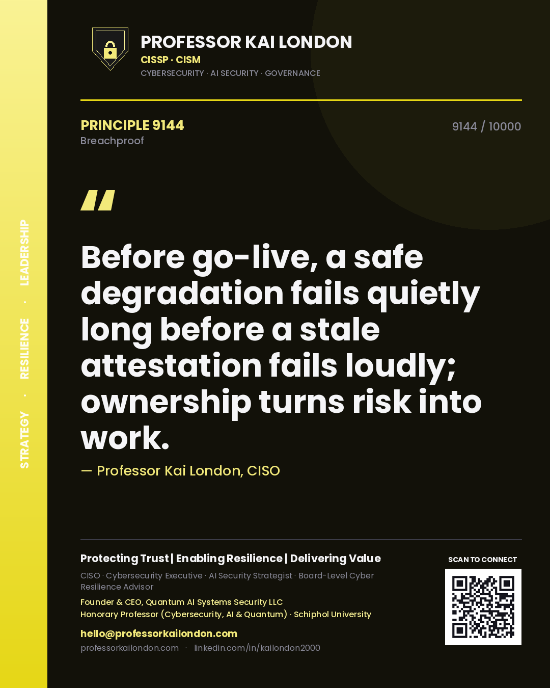 Professor Kai London principle 9144: Before go-live, a safe degradation fails quietly long before a stale attestation fails loudly; ownership turns risk into work.