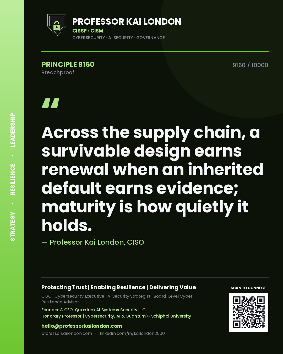 Professor Kai London principle 9160: Across the supply chain, a survivable design earns renewal when an inherited default earns evidence; maturity is how quietly it holds.
