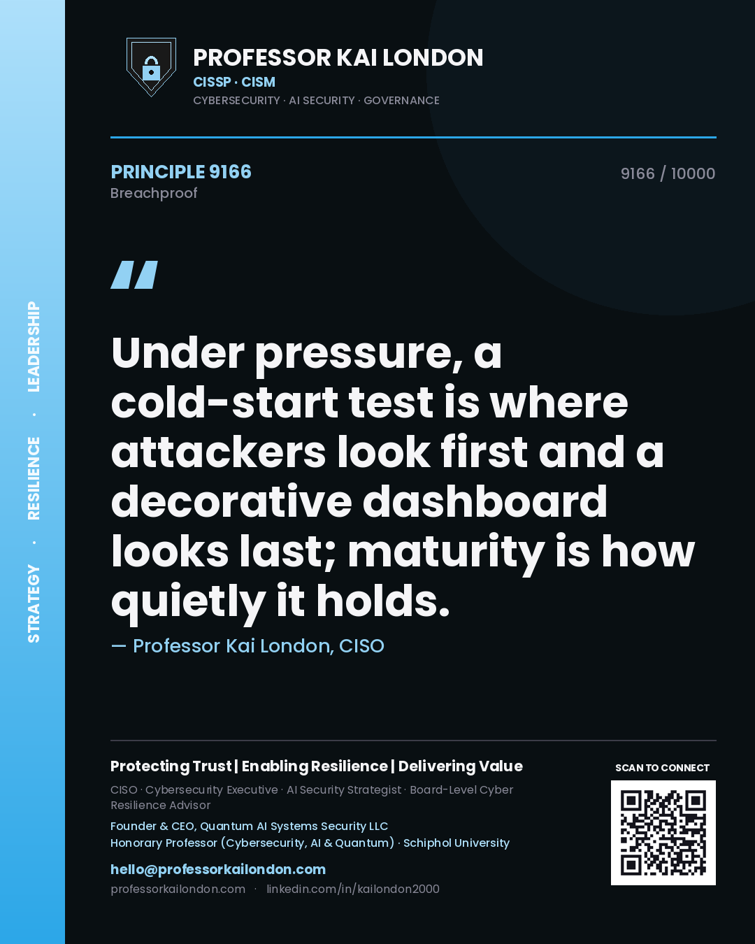 Professor Kai London principle 9166: Under pressure, a cold-start test is where attackers look first and a decorative dashboard looks last; maturity is how quietly it holds.