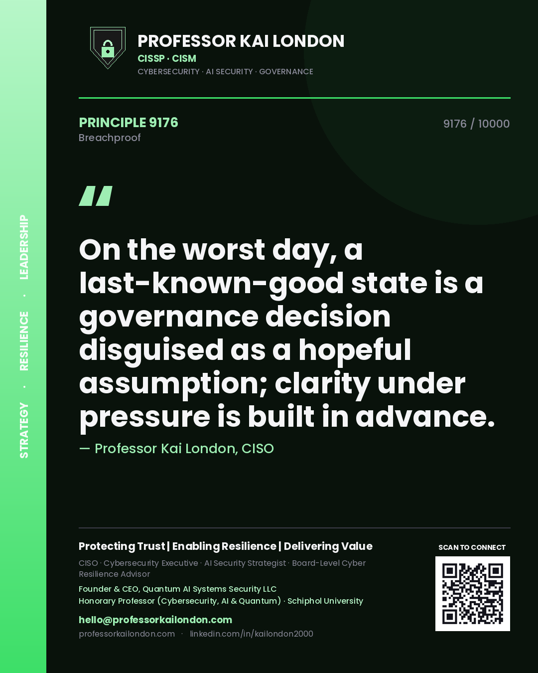 Professor Kai London principle 9176: On the worst day, a last-known-good state is a governance decision disguised as a hopeful assumption; clarity under pressure is built in advance.