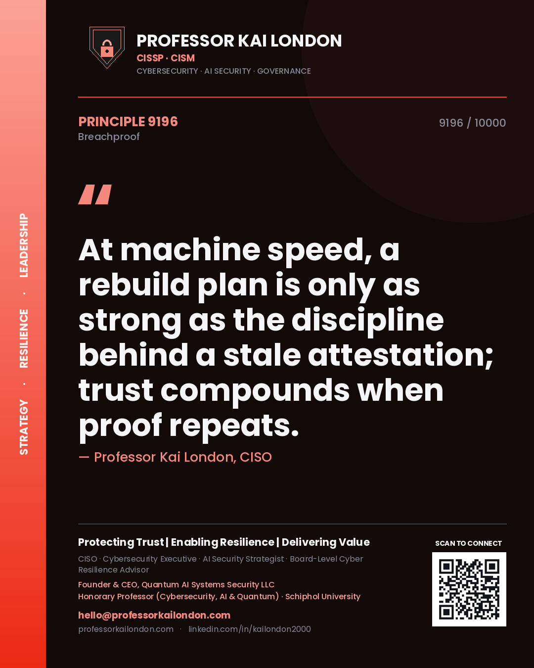 Professor Kai London principle 9196: At machine speed, a rebuild plan is only as strong as the discipline behind a stale attestation; trust compounds when proof repeats.