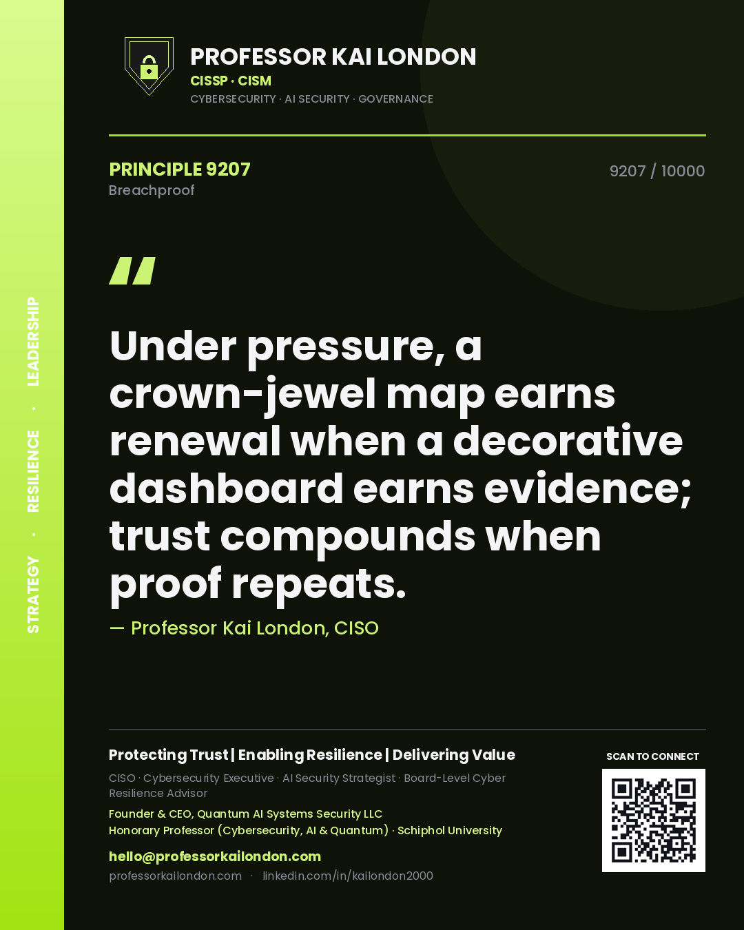 Professor Kai London principle 9207: Under pressure, a crown-jewel map earns renewal when a decorative dashboard earns evidence; trust compounds when proof repeats.