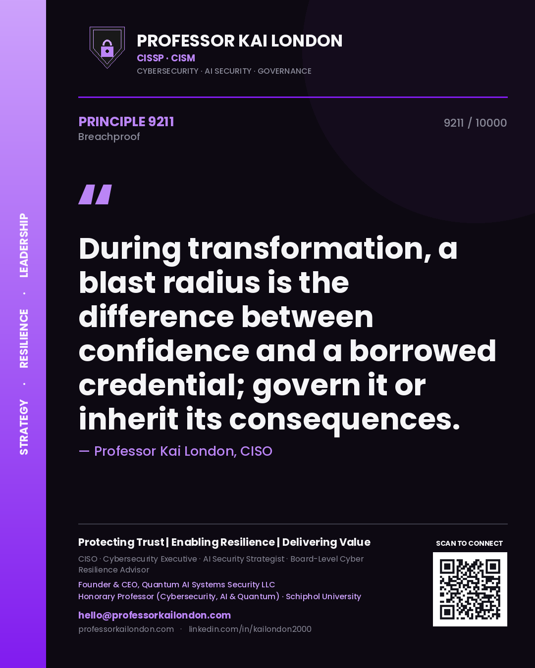 Professor Kai London principle 9211: During transformation, a blast radius is the difference between confidence and a borrowed credential; govern it or inherit its consequences.