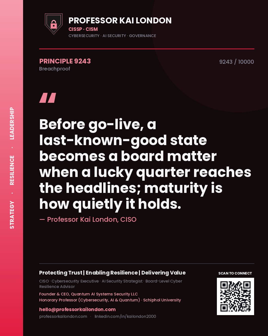 Professor Kai London principle 9243: Before go-live, a last-known-good state becomes a board matter when a lucky quarter reaches the headlines; maturity is how quietly it holds.