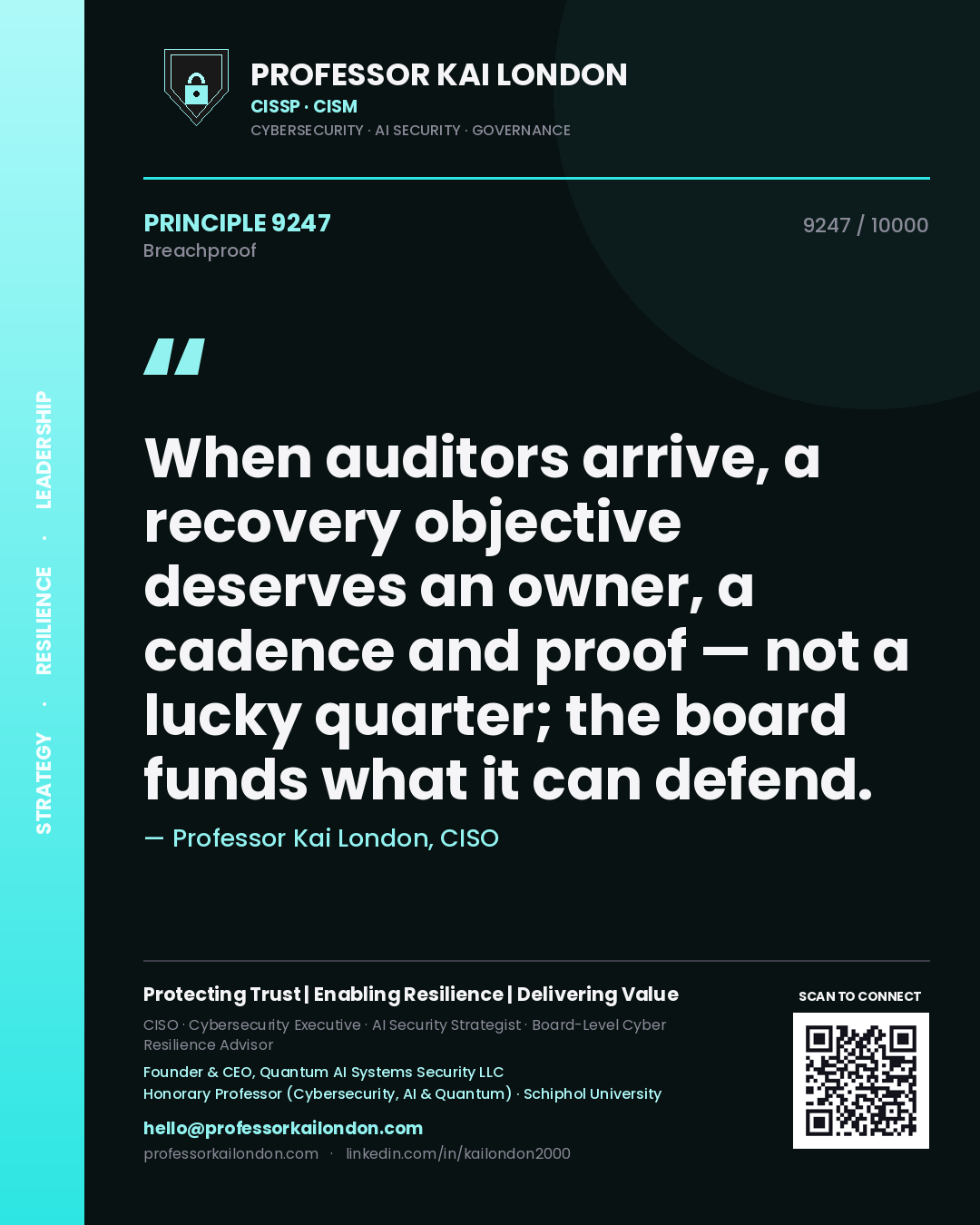 Professor Kai London principle 9247: When auditors arrive, a recovery objective deserves an owner, a cadence and proof — not a lucky quarter; the board funds what it can defend.