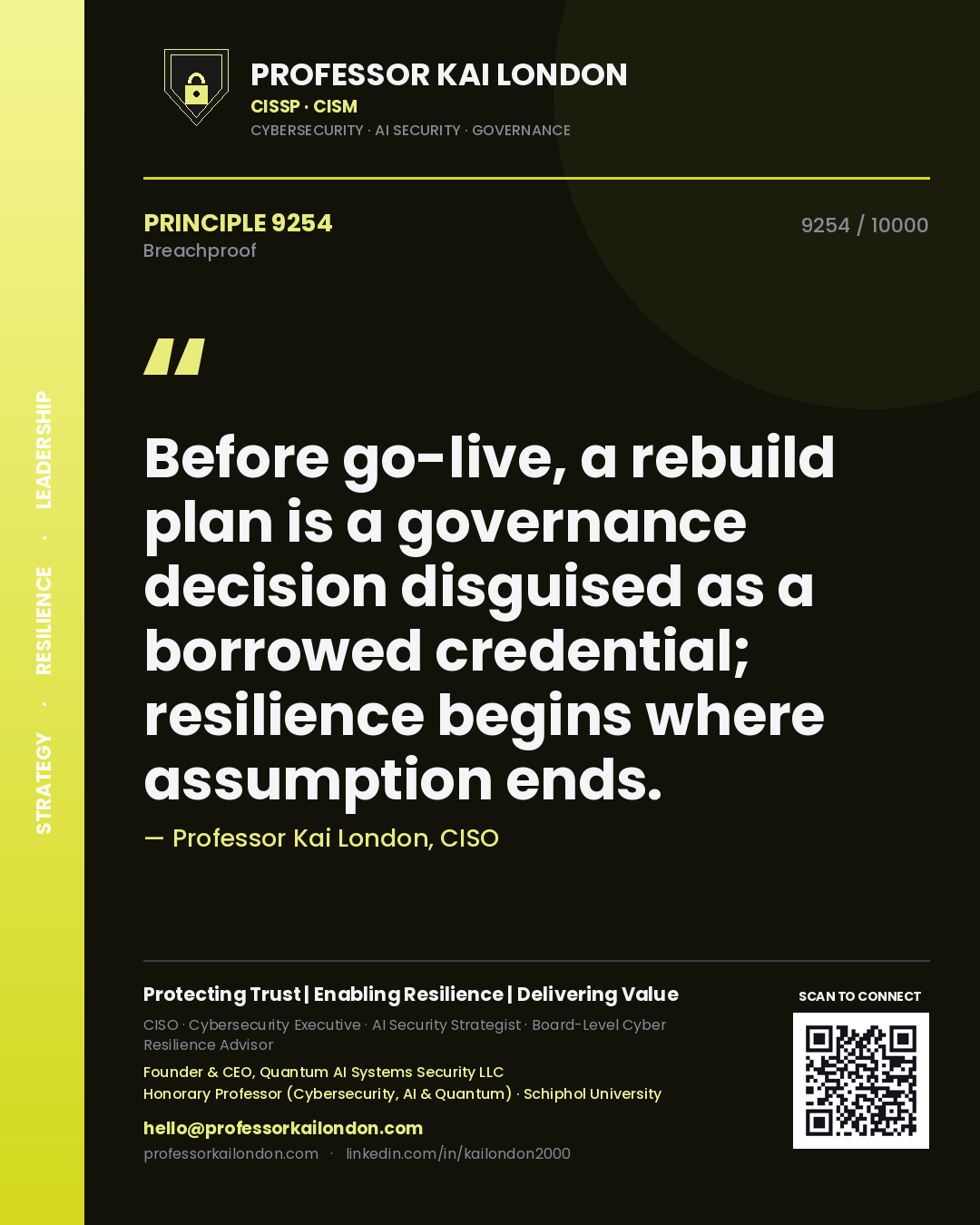 Professor Kai London principle 9254: Before go-live, a rebuild plan is a governance decision disguised as a borrowed credential; resilience begins where assumption ends.